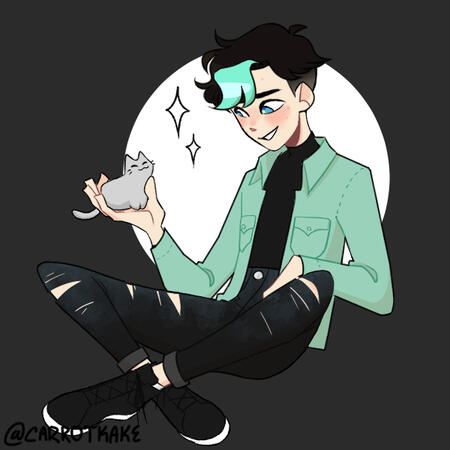 picrew avatar of boy with black and mint green hair with black sitting cross legged holding a small cat.